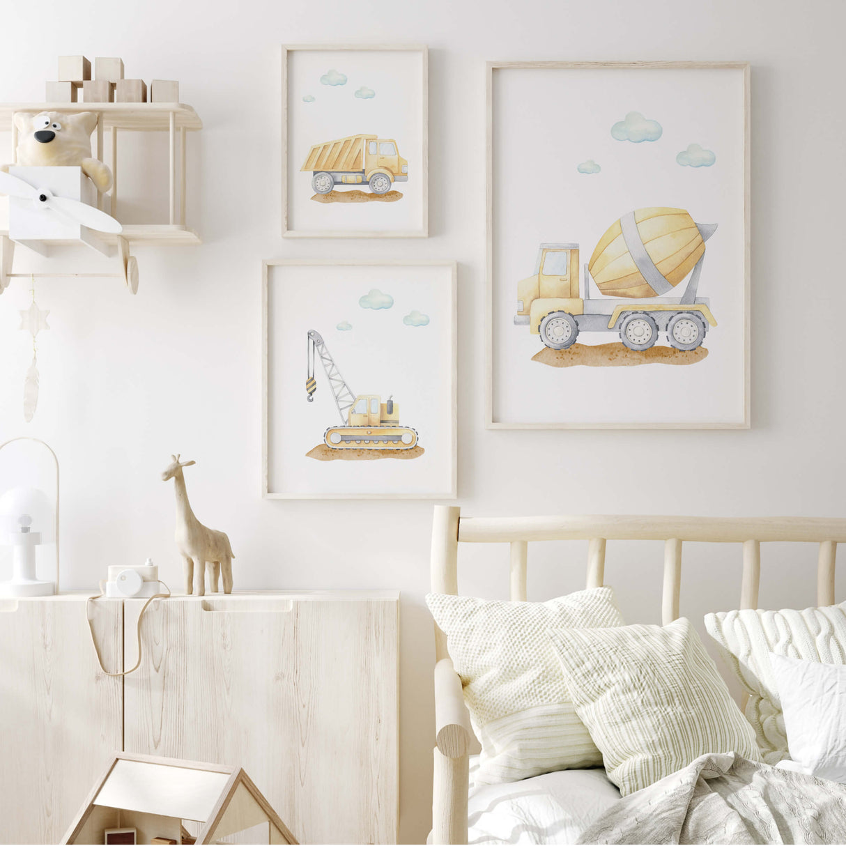 watercolor construction vehicle nursery printable for baby boys room decor, toddler room decor, set of 3 printable, includes: cement mixer, crane, dump truck