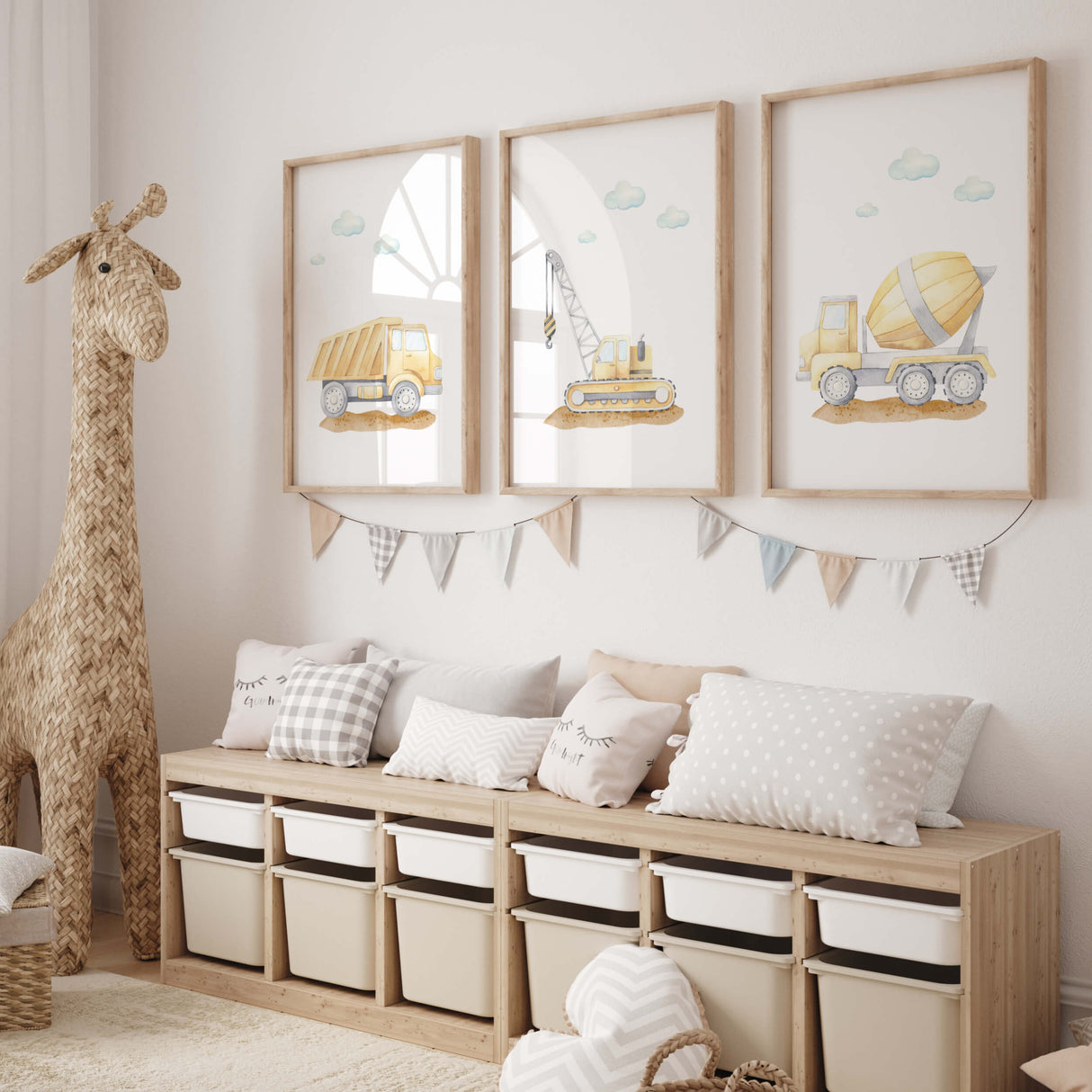 watercolor construction vehicle nursery print for baby boys room decor, toddler room decor, set of 3 printable, includes: cement mixer, crane, dump truck