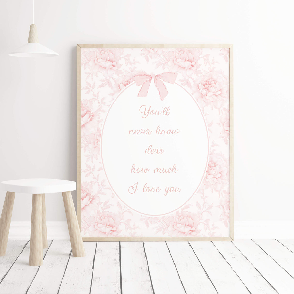 Shabby chic pink floral printable nursery quote art for girls featuring delicate roses and sweet motherhood quote.