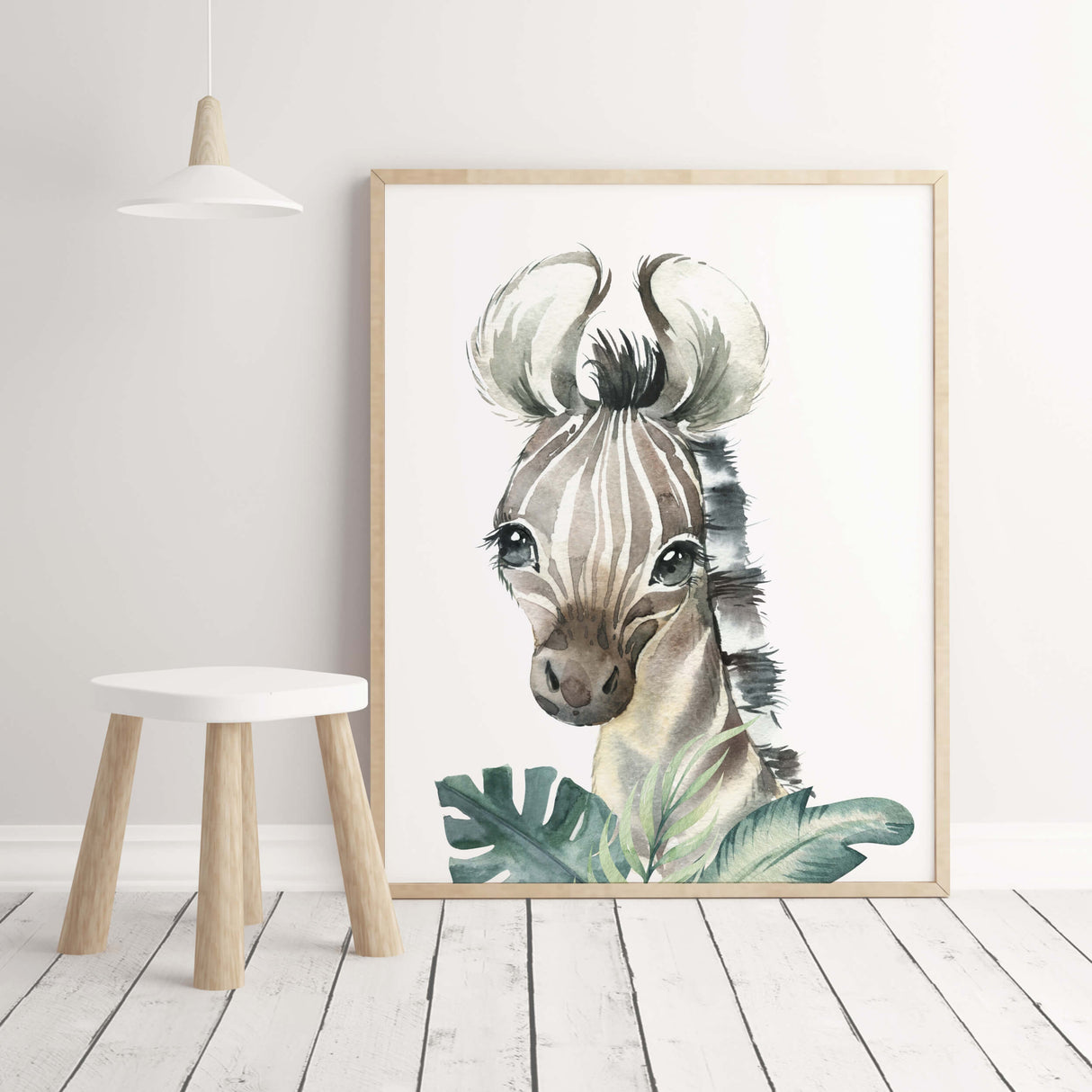 Watercolor zebra print with leaves for gender neutral nursery decor, baby boys room decor, girls room decor, boho room decor.