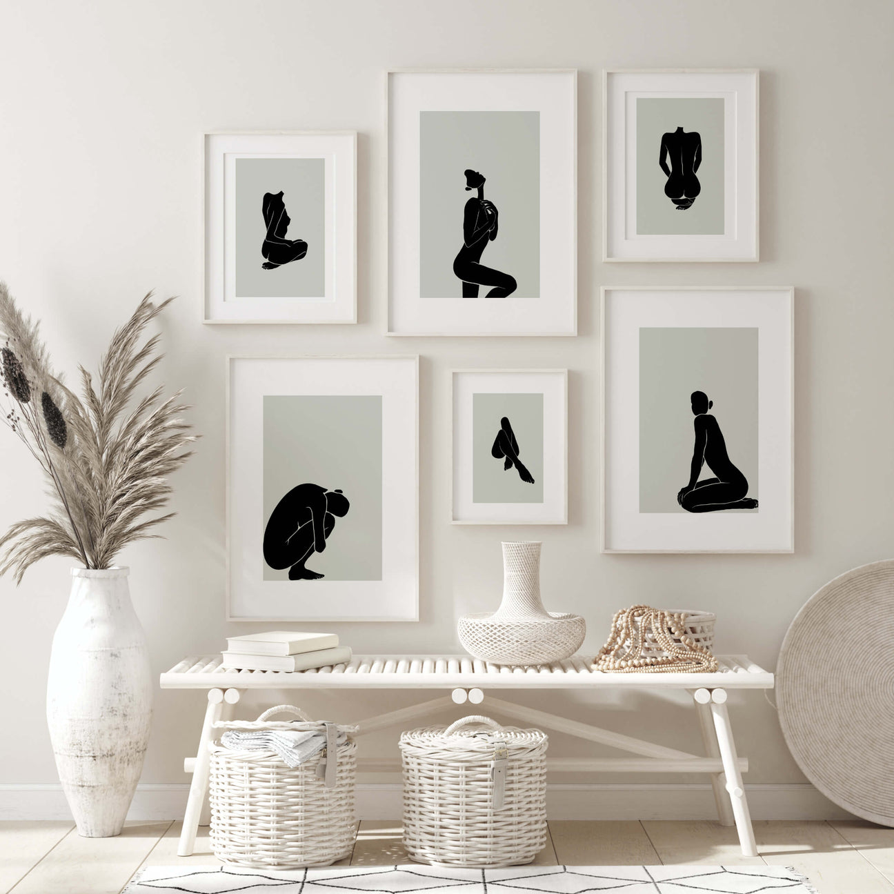 Abstract black woman naked print with sage green background for minimalist home decor, sage green home decor.