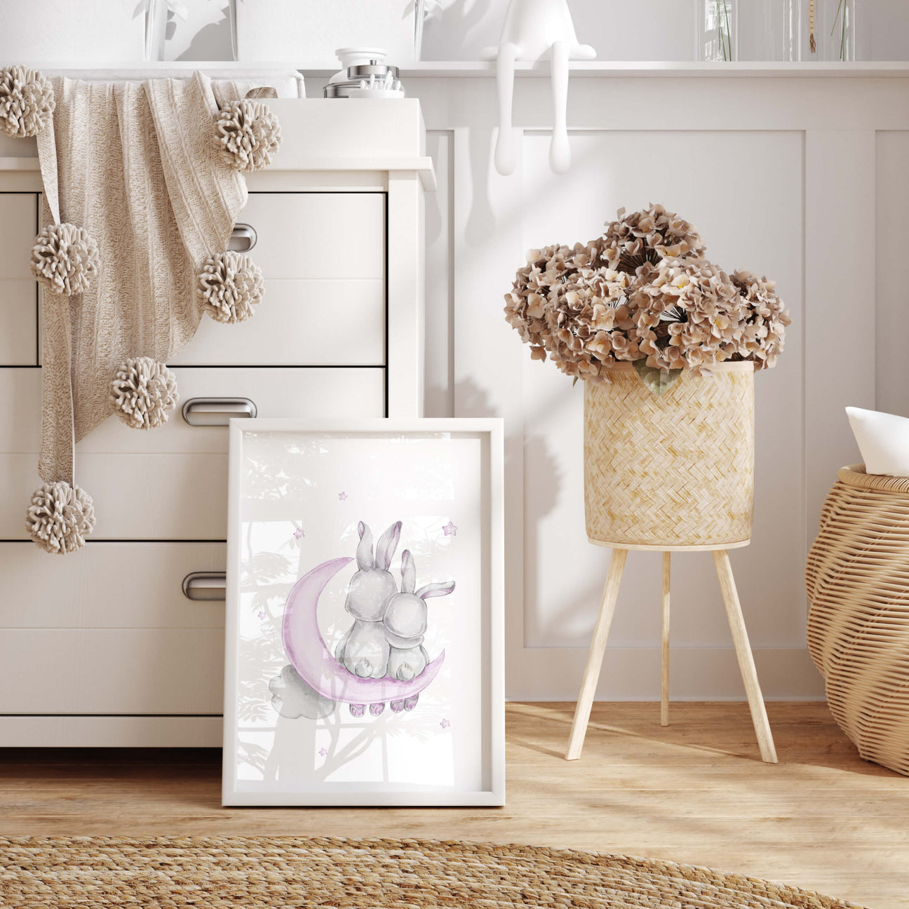 Watercolor bunny print for baby girls room decor, boys room decor, brother and sister nursery decor.