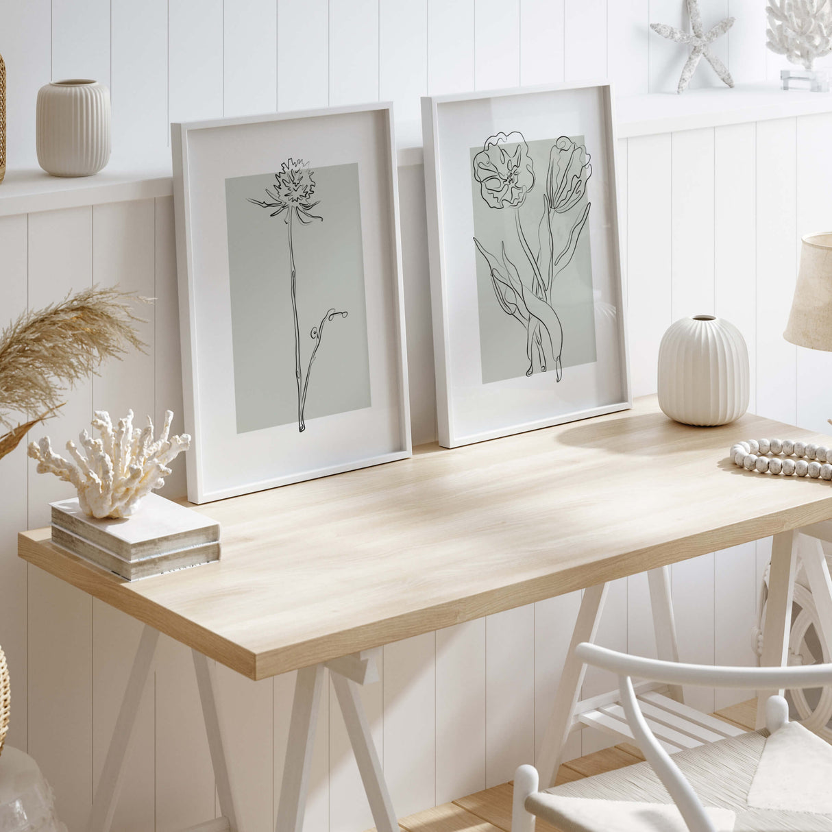 Abstract Flower Line Art Prints with Sage Green Background - Set of 6