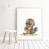Watercolor mom and baby australian animals with platypus print for gender neutral nursery decor and mother's day print.