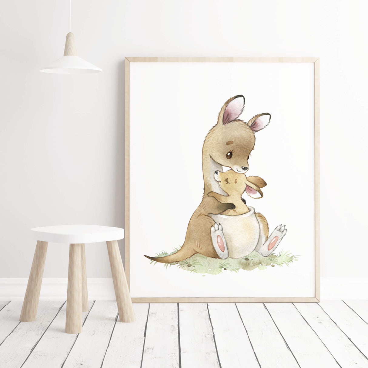 Watercolor mom and baby australian animals with kangaroo print for gender neutral nursery decor and mother's day print.