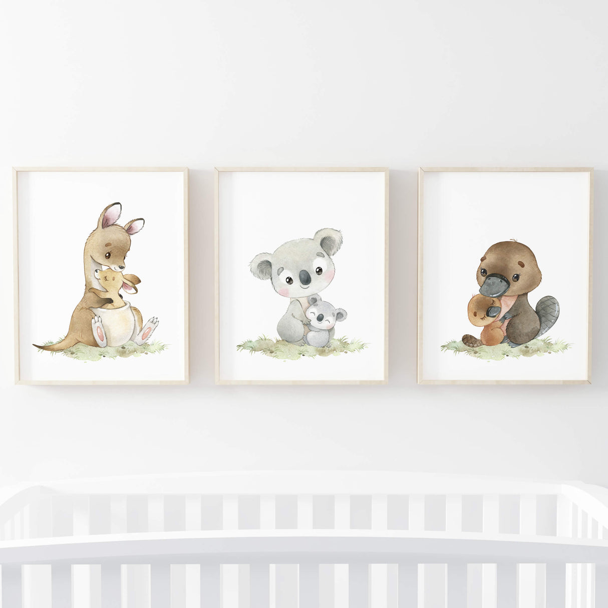 Set of 3 watercolor mom and baby australian animals with platypus, koala, kangaroo poster for gender neutral nursery decor and mother's day print.