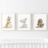 Set of 3 watercolor mom and baby australian animals with platypus, koala, kangaroo poster for gender neutral nursery decor and mother's day print.