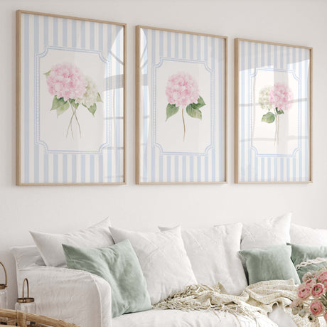 Blue striped hydrangea wall art print set of 6 digital download