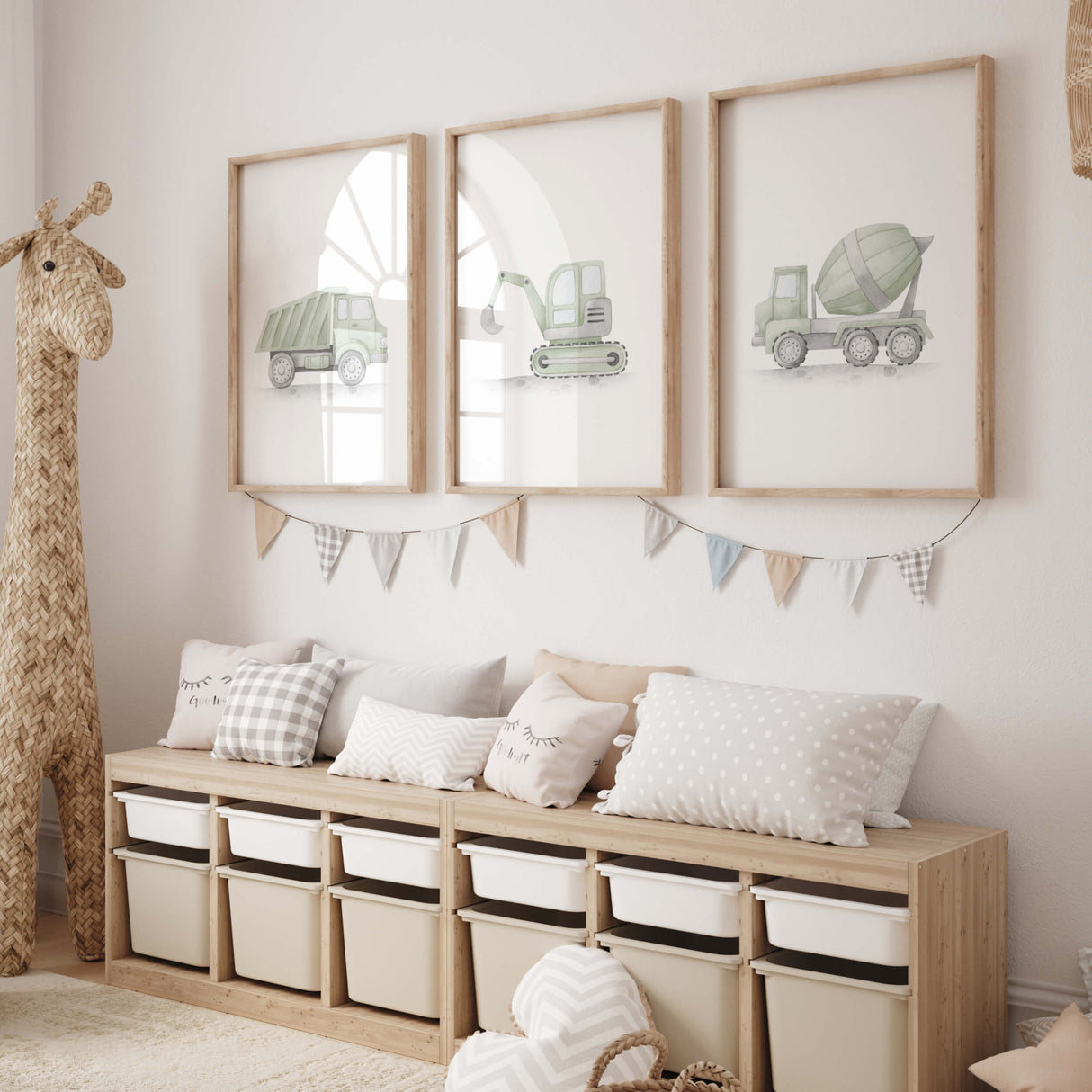 Transport Nursery Prints - Construction Vehicle - Vintage Cars - Airplane - Train - Sage Green - Set of 16