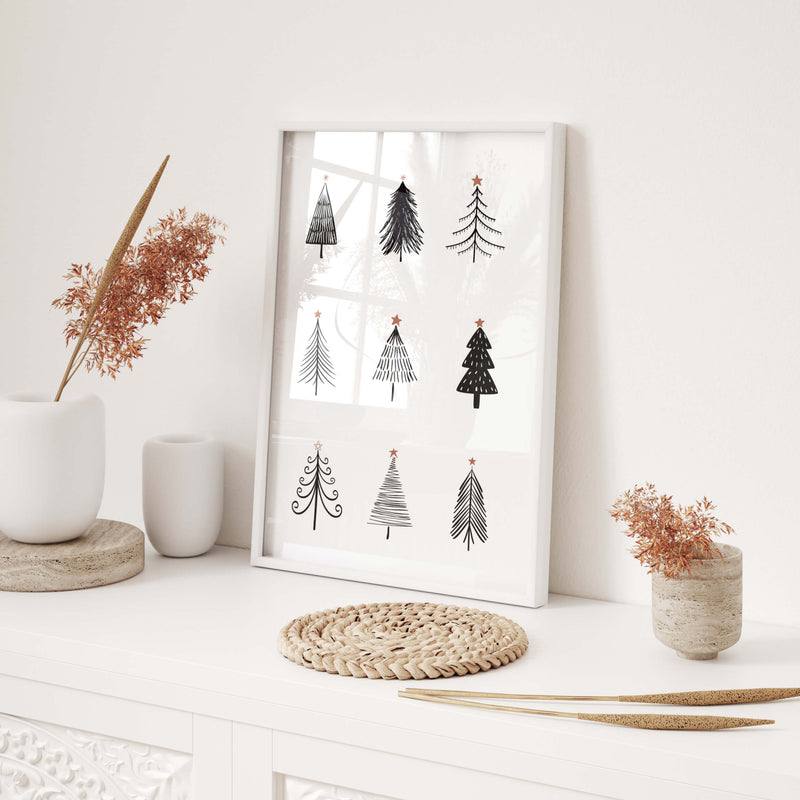 Black and white minimal pine tree print for minimalist black white christmas wall decor.