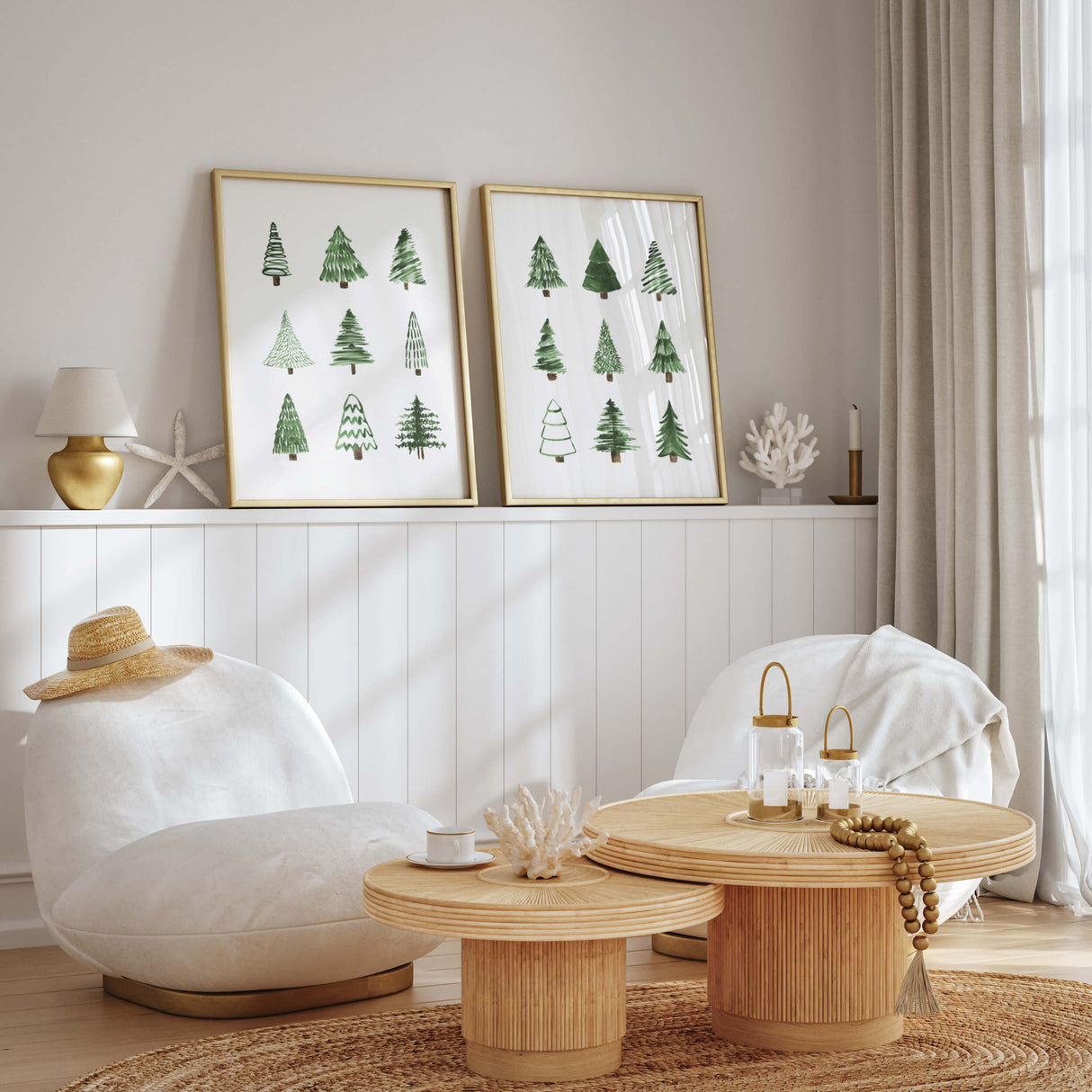 Set of 2 minimal christmas line tree print in green color for minimal christmas home decor and line art home decor.