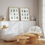 Set of 2 minimal christmas line tree print in green color for minimal christmas home decor and line art home decor.