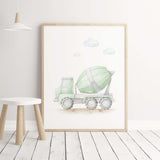 Green cement mixer print for toddler and baby boys room decor.