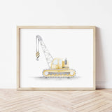 Watercolor colorful construction vehicle print with yellow crane for toddler and baby boys room decor.