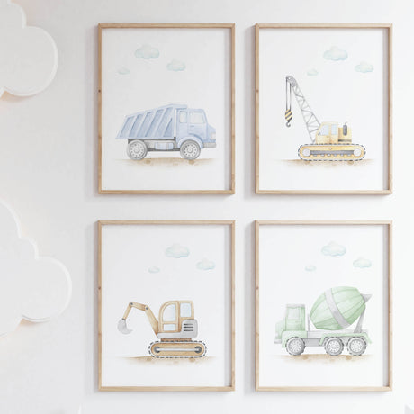 Set of 4 watercolor construction vehicle print with cement mixer, crane, dump truck, digger in blue, green, yellow and brown soft colors for toddler and baby boys room decor.
