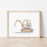 Watercolor colorful construction vehicle print with brown digger for toddler and baby boys room decor.