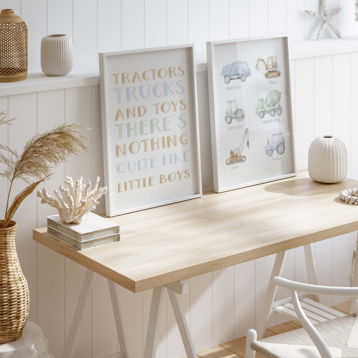 Education cnstruction vehicle print with digger, dump truck, crane, road roller, cement mixer, tractor and tractor quote for toddler and boys room decor.