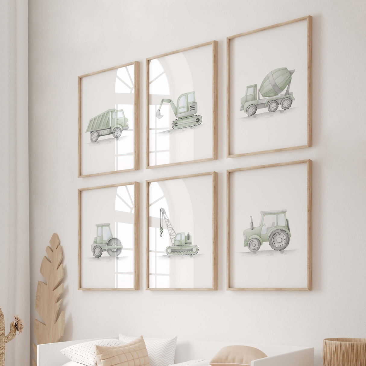 Watercolor sage green transport print with construction vehicle, dump truck, crane, digger, road roller, tractor, cement mixer for toddler room decor and baby boys room decor, sage green nursery decor, sage green kids room decor.