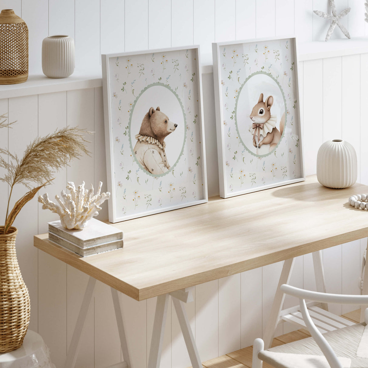Digital download nursery wall art collection with adorable teddy bear, squirrel  illustrations surrounded by delicate wildflowers and elegant sage green borders