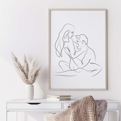 Lotus sex position line art print for black and white minimalist home decor, bedroom, living room decor.
