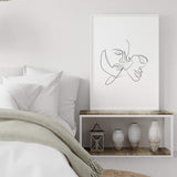 Man kisses woman's neck line art for black and white minimalist home decor, bedroom, living room decor, elegant home decor.