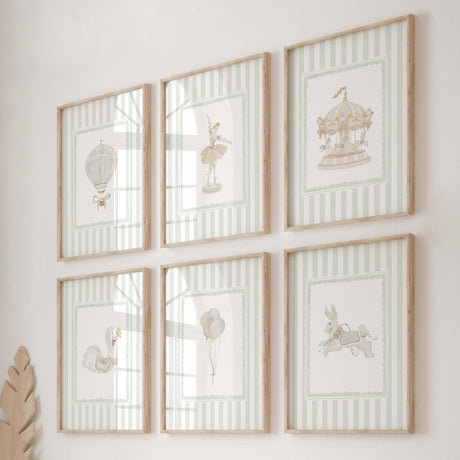 Neutral sage green carousel wall art set of 8 printable nursery decor digital download.