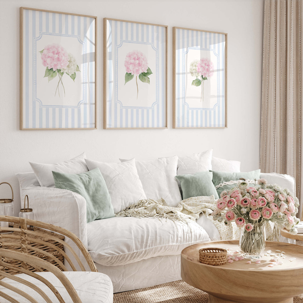 Pastel botanical flower wall art printables pink and blue hydrangea
