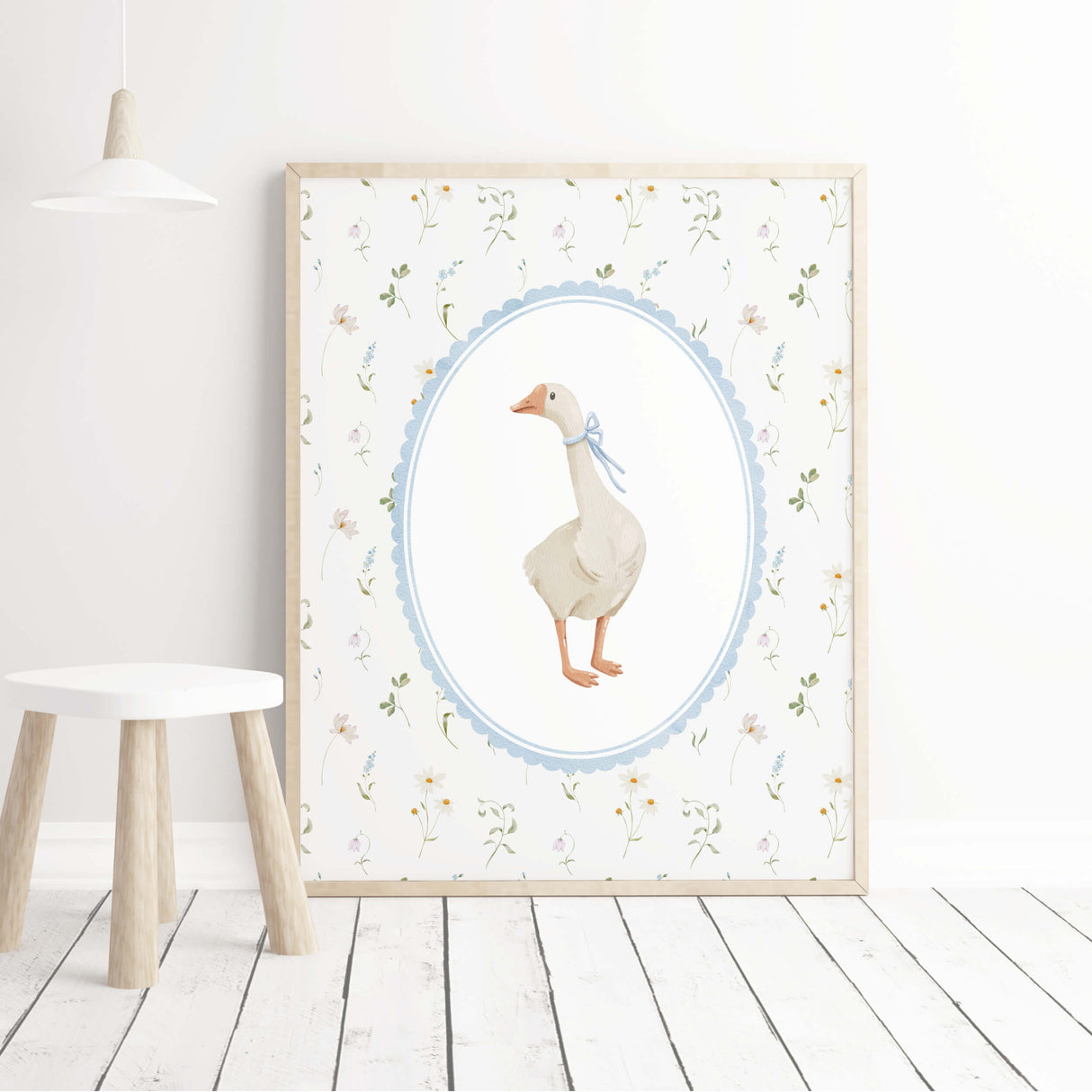 Pastoral goose wall art printables for baby nursery, countryside animal prints with soft blue accents and floral details
