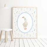 Pastoral goose wall art printables for baby nursery, countryside animal prints with soft blue accents and floral details