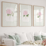 Pink hydrangea floral wall art printable set of 6 sage green striped botanical prints digital download