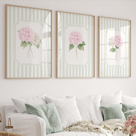 Pink hydrangea floral wall art printable set of 6 sage green striped botanical prints digital download