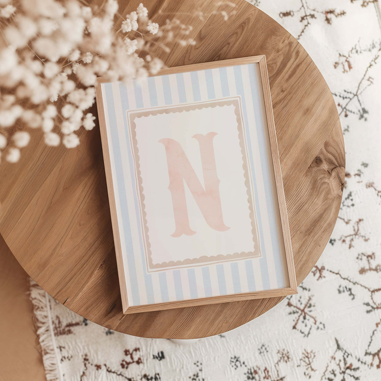 Pink initial letter nursery wall art printable with blue striped background for baby girl room decor