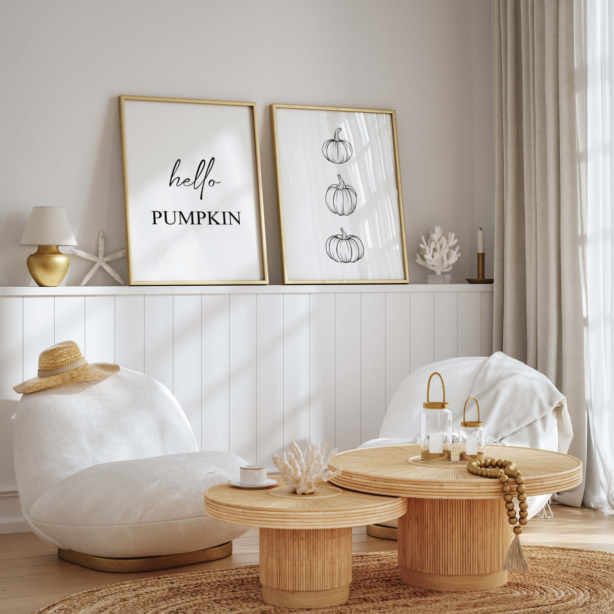 Line art fall print with hello pumpkin quote and line art pumpkins for minimalist fall home decor.