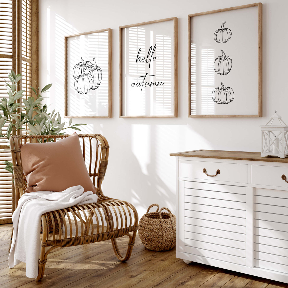 Line art fall print with pumpkins and hello autumn quote for minimalist autumn home decor.