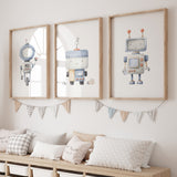 Set of 3 watercolor robot print for boys room decor.