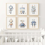 Watercolor robot poster for toddler room decor, baby boys room decor.