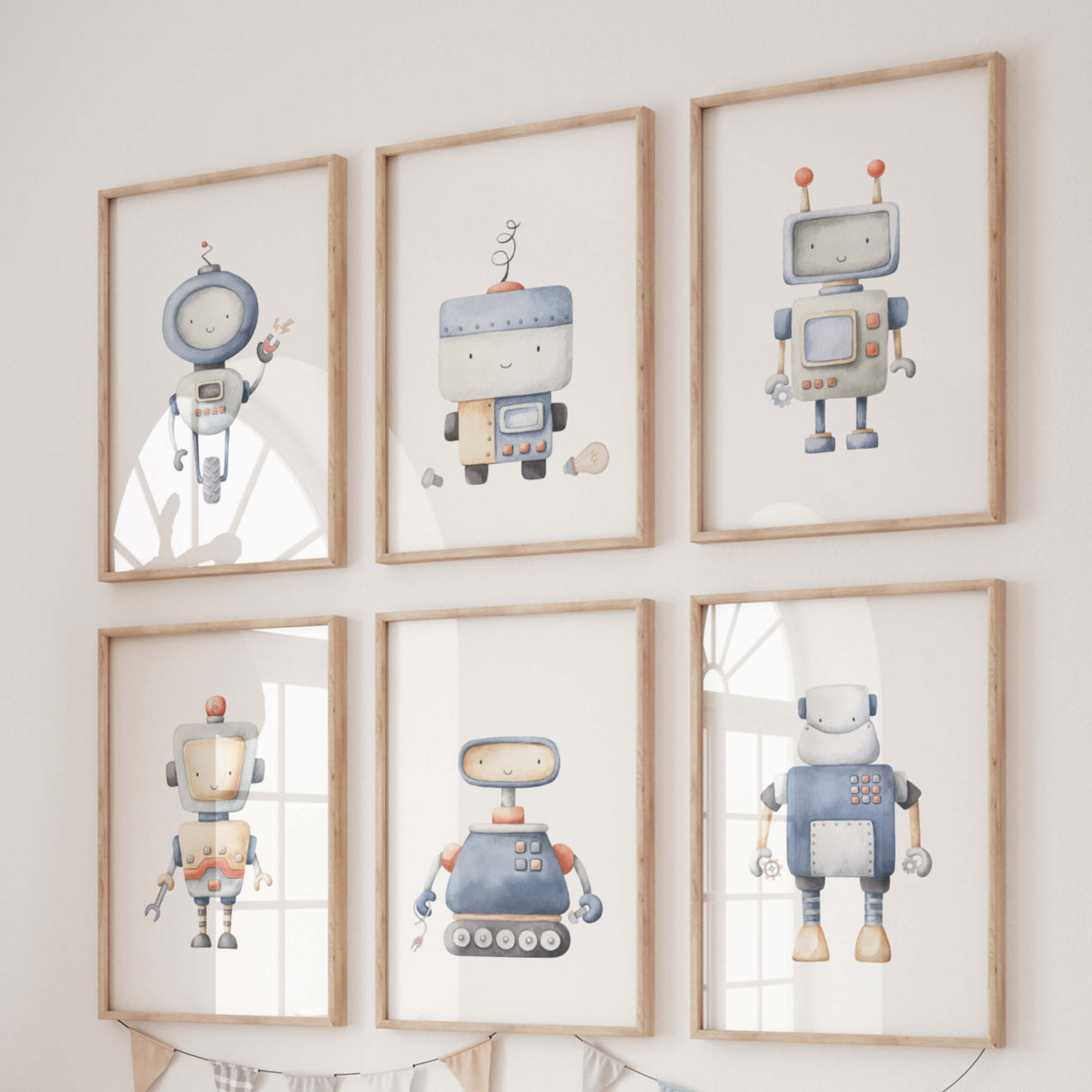 Watercolor robot print for toddler room decor, baby boys room decor.