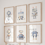 Watercolor robot print for toddler room decor, baby boys room decor.
