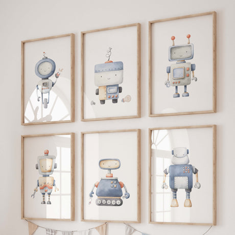 Watercolor robot print for toddler room decor, baby boys room decor.