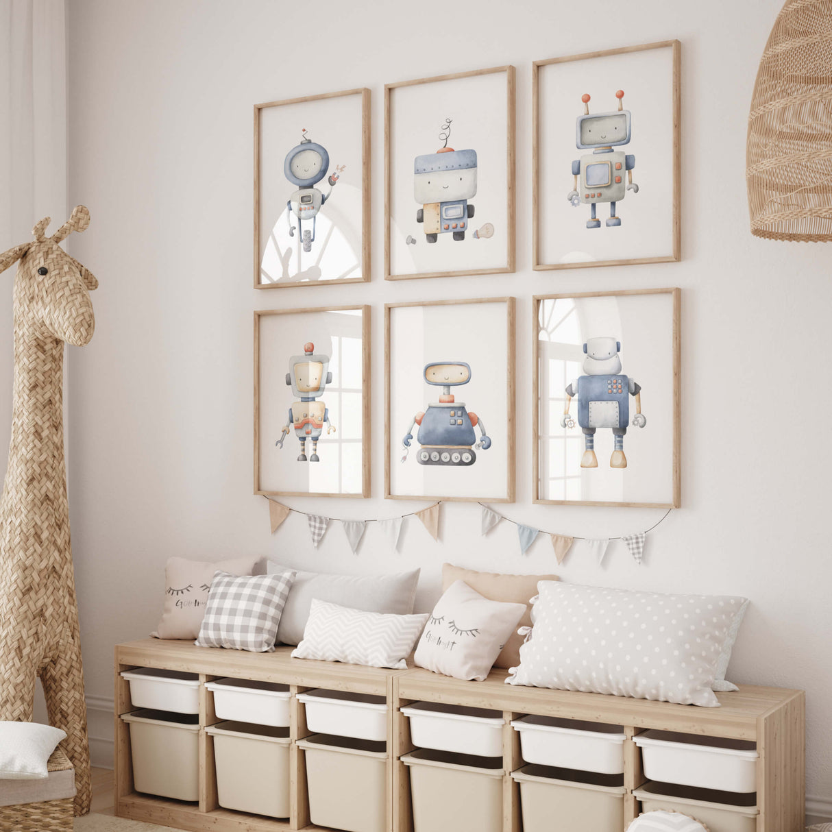 Watercolor robot printable for toddler room decor, baby boys room decor.