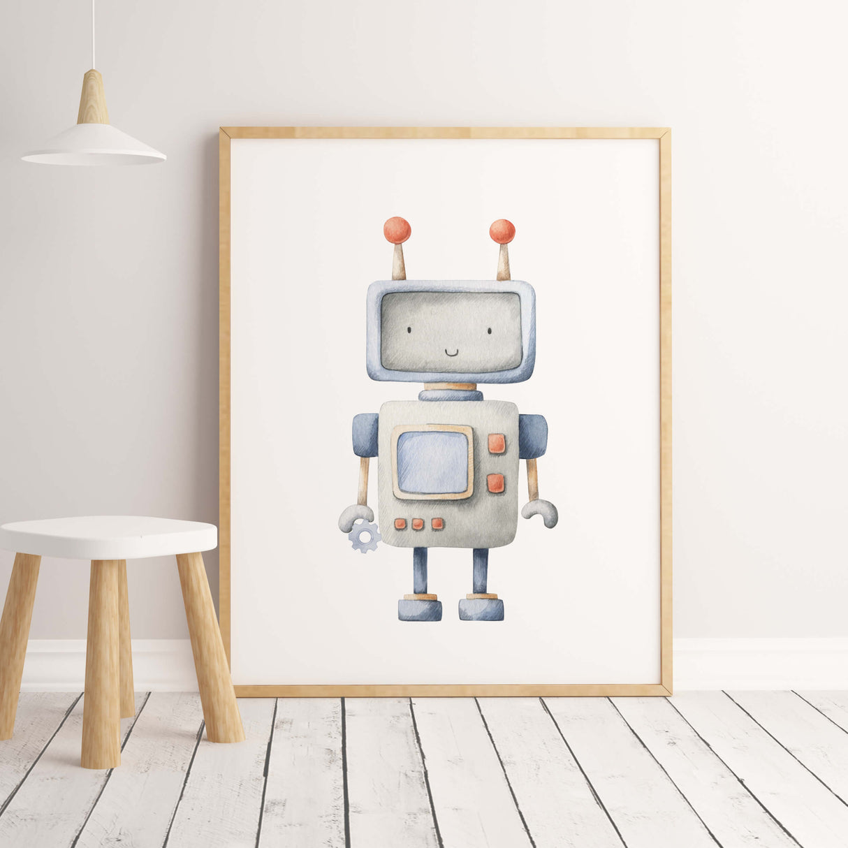 Watercolor robot print with blue and gray colors for boys room wall decor.