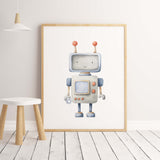 Watercolor robot print with blue and gray colors for boys room wall decor.