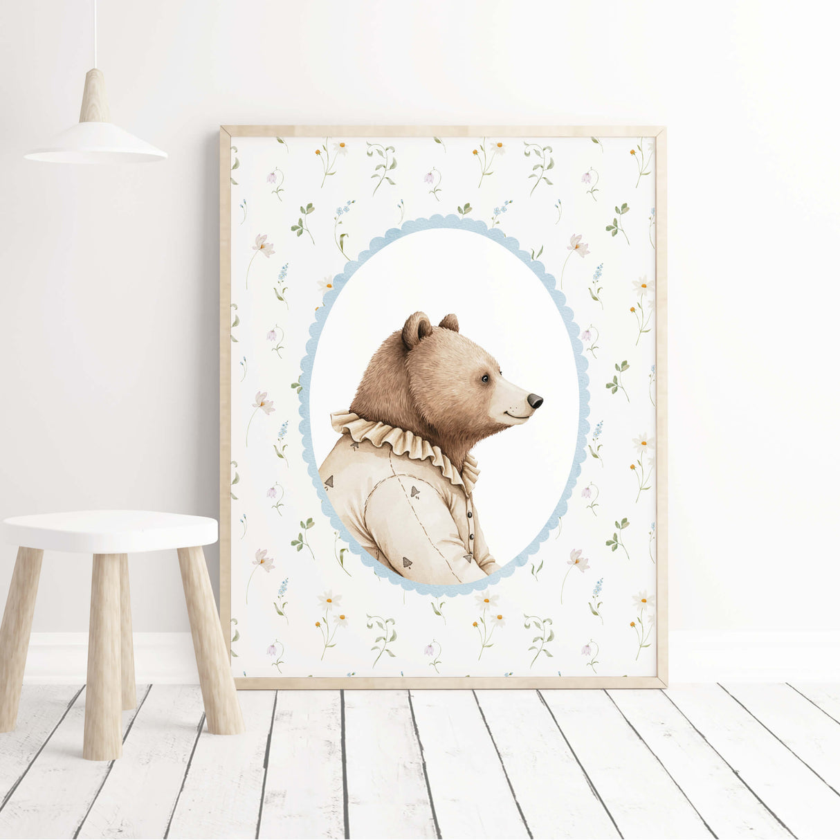 Digital download nursery art with woodland animal portraits of a bear, , framed with soft pastel wildflowers, ideal for kids' room decor.