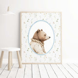 Digital download nursery art with woodland animal portraits of a bear, , framed with soft pastel wildflowers, ideal for kids' room decor.