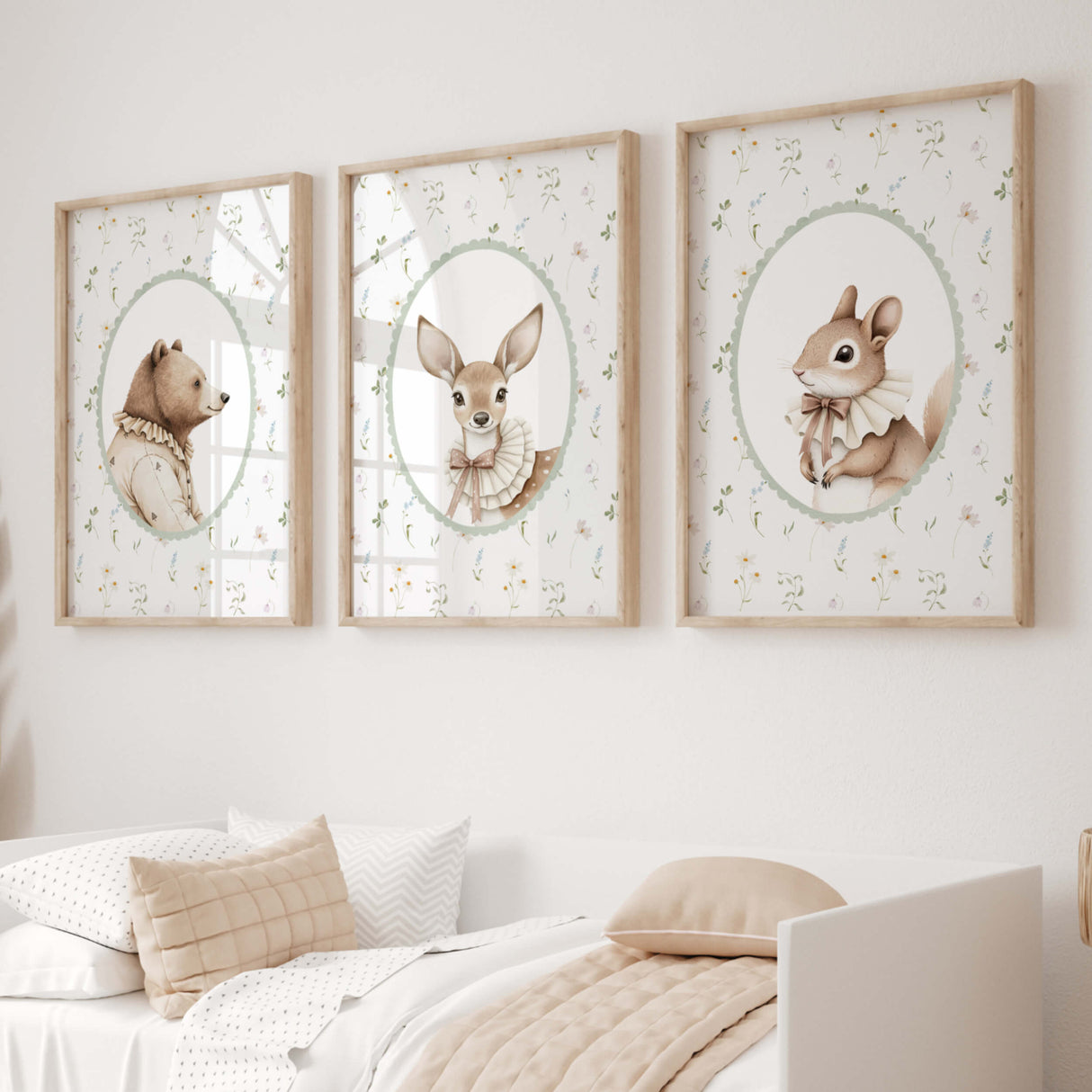 Vintage Forest Animal with Wildflower Background- Sage Green- Set of 3 - Vintage Nursery Decor