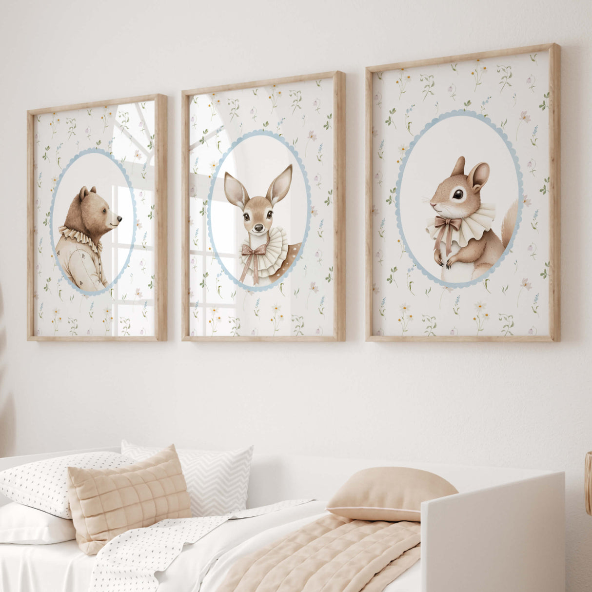 Set of three woodland animal nursery prints featuring a bear, deer, and squirrel with a wildflower background, perfect for baby room decor or nursery wall art