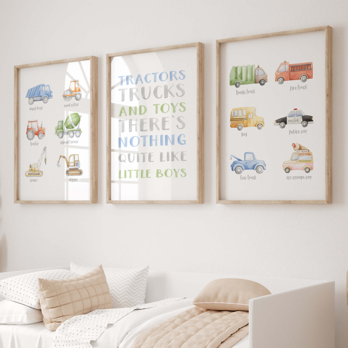 Tractors trucks and toys printable wall art set for boys room nursery decor digital download.