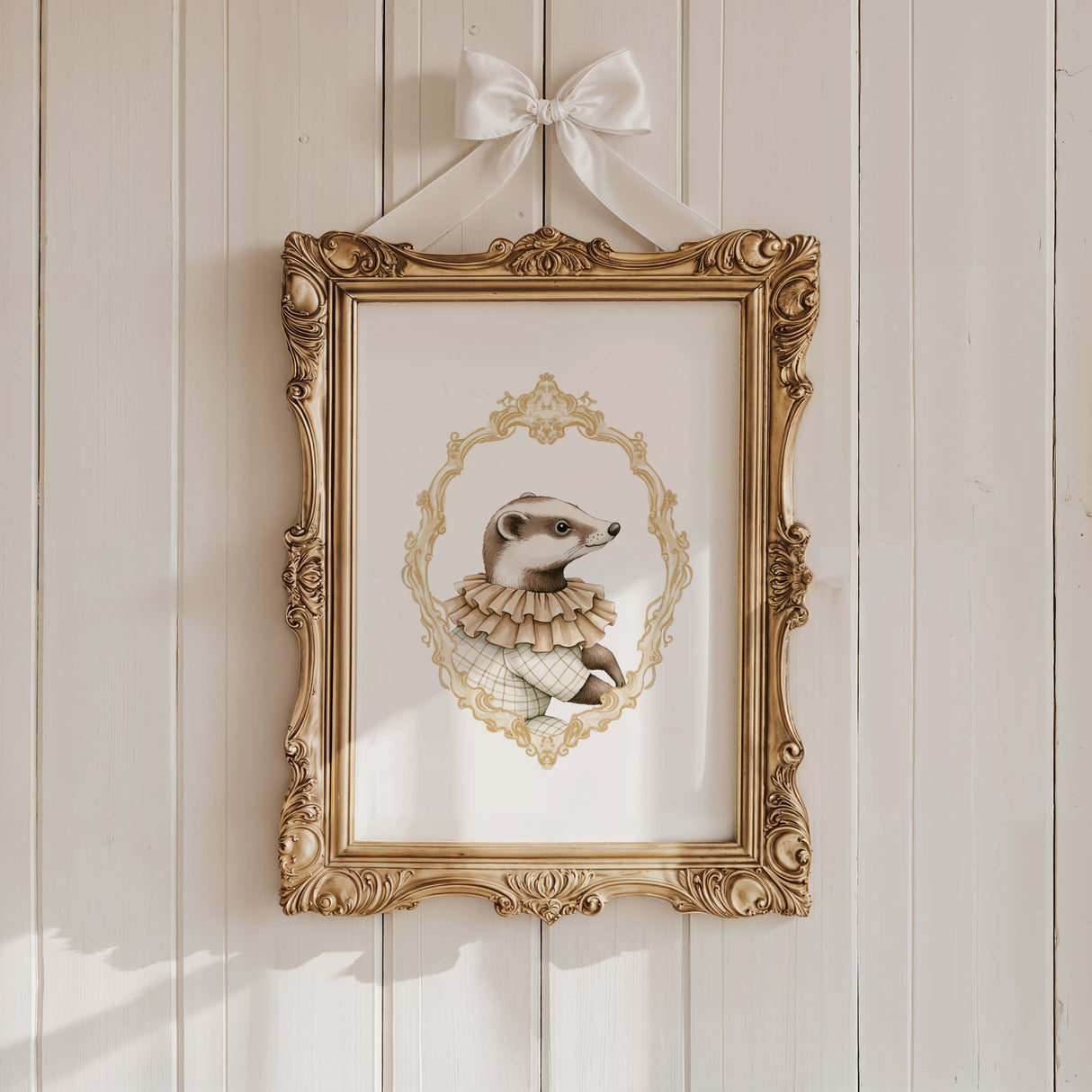 Watercolor vintage badger portrait with gold baroque crest print for gender neutral nursery decor, victorian nursery decor, beige white nursery decor, rococo nursery decor, luxury nursery decor, baroque nursery decor, includes animals: deer, bear, squirrel, badger.
