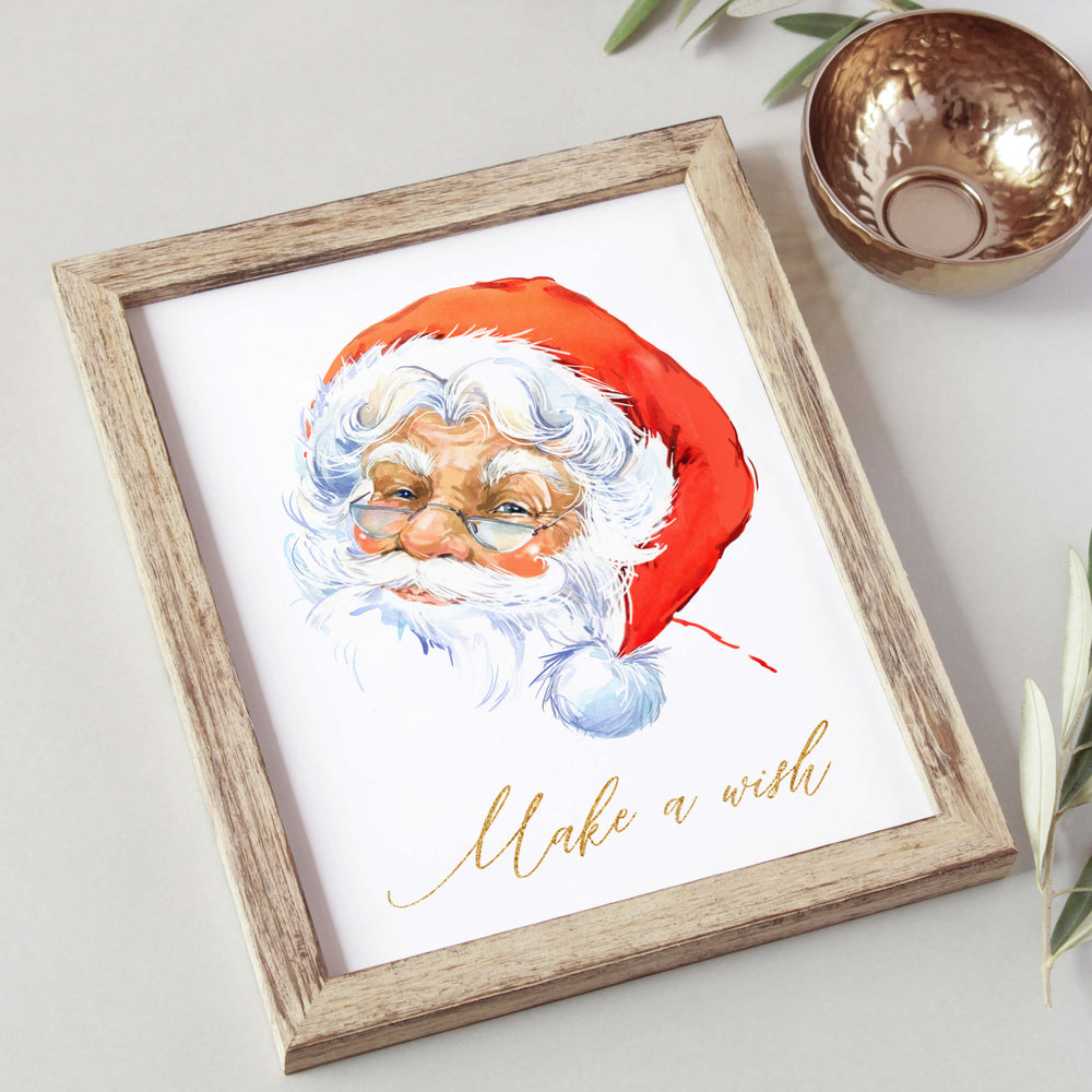 Watercolor Santa print with in gold colors "Make a wish" quote for christmas wall decor and winter home decor.