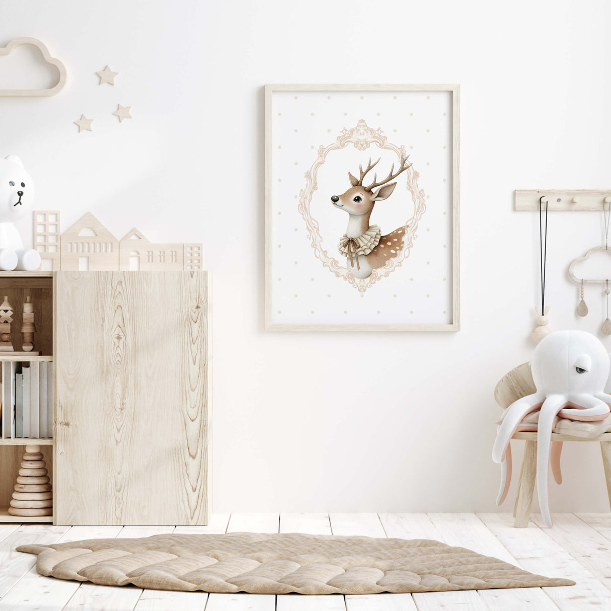 Watercolor beige vintage deer with beige polka dots background for gender neutral nursery decor, victorian nursery decor, beige white nursery decor, rococo nursery decor, luxury nursery decor, baroque nursery decor.